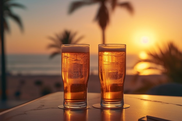 Twee glazen bier avond zee palmbomen