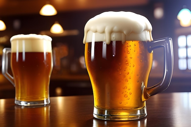 Foto twee glazen bier elk gevuld met een schuimende vloeistof de glazen zitten op een houten tafel