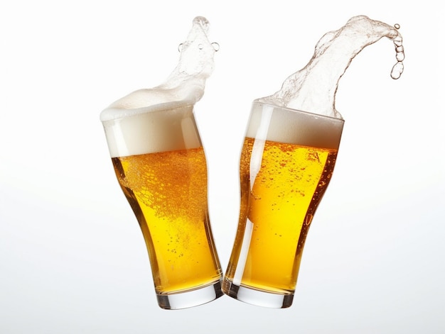 Foto twee glazen bier met bubbels in de bovenkant en de onderste helft van het glas bevat bubbels.