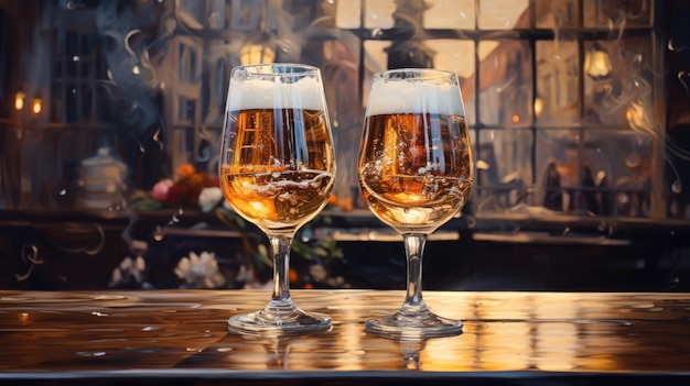 Twee glazen bier op een houten tafel in een pub Bokeh lichten op de achtergrond