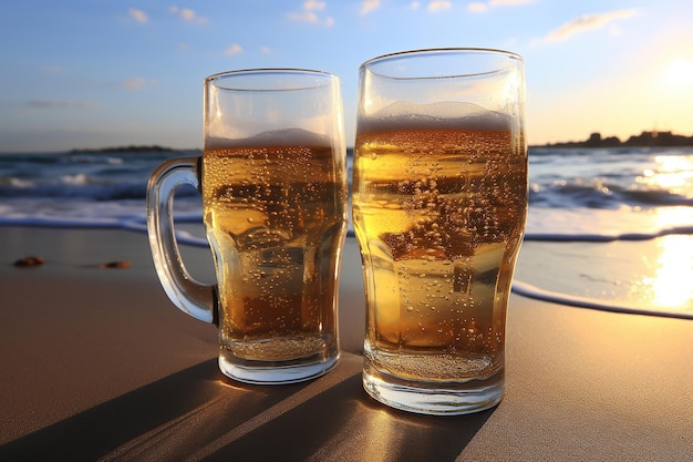 Twee glazen bier op het strand aan zee