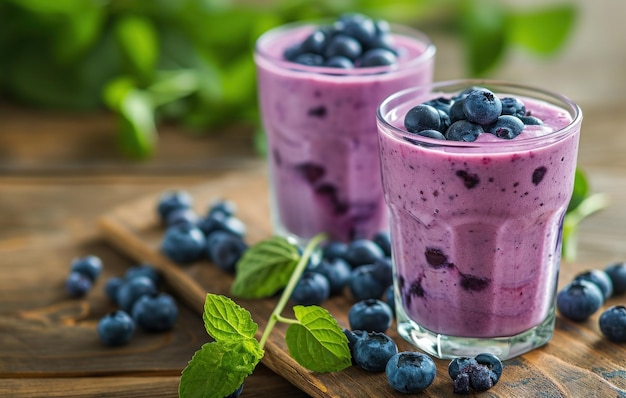 twee glazen blueberry smoothie op een houten tafel