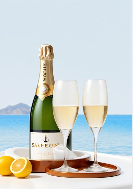 Twee glazen champagne en een fles op een jacht geïsoleerd op een witte achtergrond