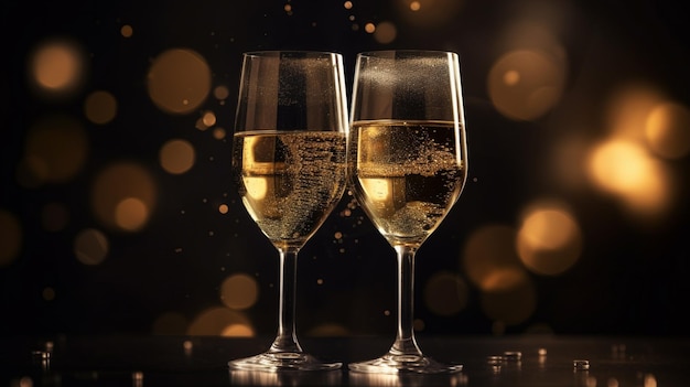 Twee glazen champagne met bubbels op de achtergrond