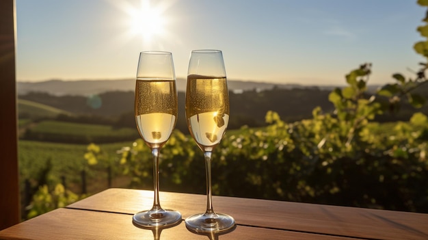twee glazen champagne met de zon erachter