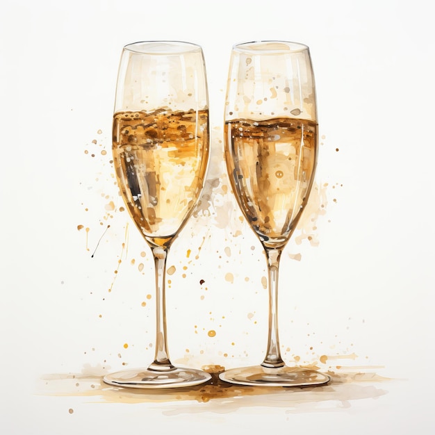 Twee glazen champagne met spetteringen geïsoleerd op witte achtergrond Aquarel illustratie