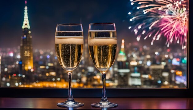 twee glazen champagne met vuurwerk op de achtergrond