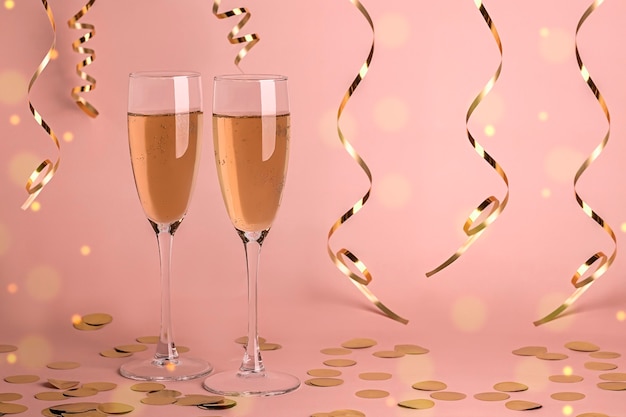 Twee glazen champagne op delicaat roze met gouden bokeh en serpentijn.