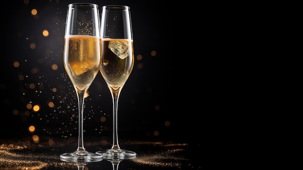 Foto twee glazen champagne op een donkere achtergrond.
