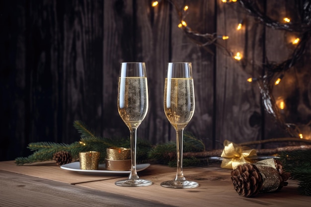 Twee glazen champagne op een tafel met een kerstversiering