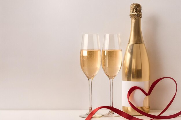 Foto twee glazen champagne rood lint in de vorm van een hart