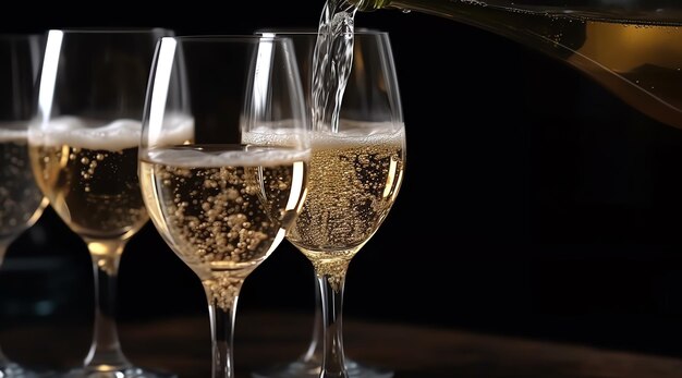 Twee glazen champagne worden in een glas gegoten