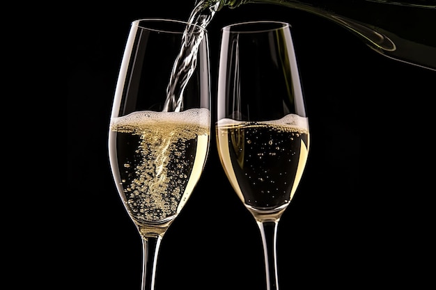 Twee glazen champagne worden in elkaar gegoten.