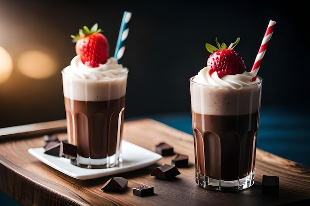 Twee glazen chocolade met een rietje en een aardbei erop