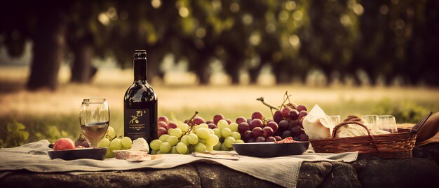 Twee glazen en een fles rode wijn in de herfst wijngaard Oogsttijd Generatieve ai