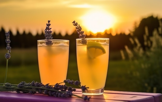 Twee glazen lavendelcocktails zitten op een picknicktafel bij zonsondergang.