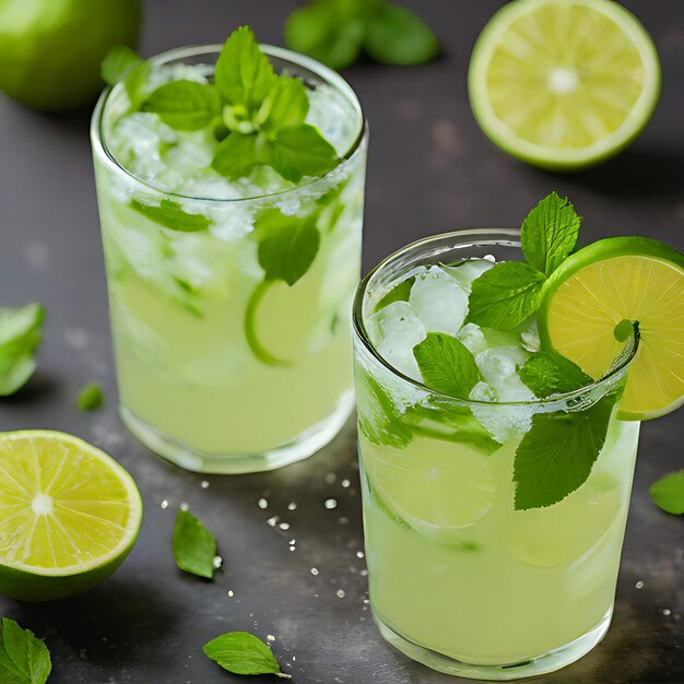 Foto twee glazen limeade met ijs en limoen op een tafel