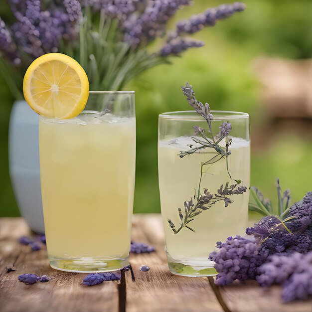 Foto twee glazen limonade en een citroen liggen op een tafel.