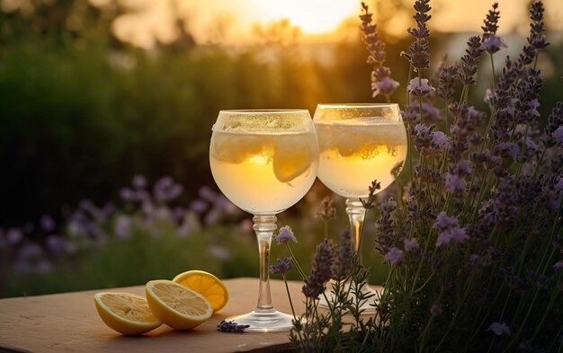 Twee glazen limonade en lavendelbloemen in de tuin AI Generatieve AI