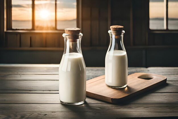 Twee glazen melkflessen staan op een tafel met een zonsondergang op de achtergrond