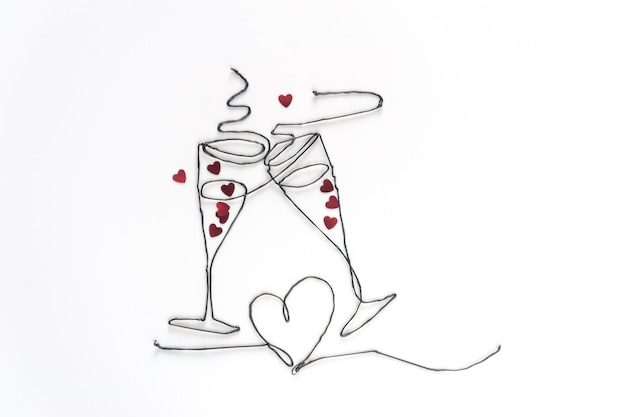 Foto twee glazen met mousserende wijn met hartjes op witte achtergrond valentijnsdag concept