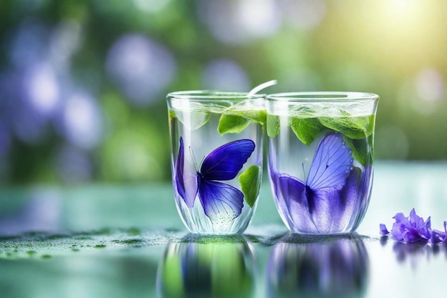 twee glazen met paarse bloemen en bladeren op een tafel