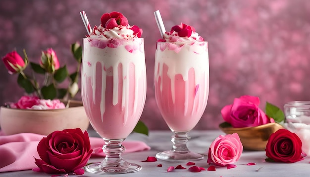 twee glazen milkshake met bloemen en een taart op tafel