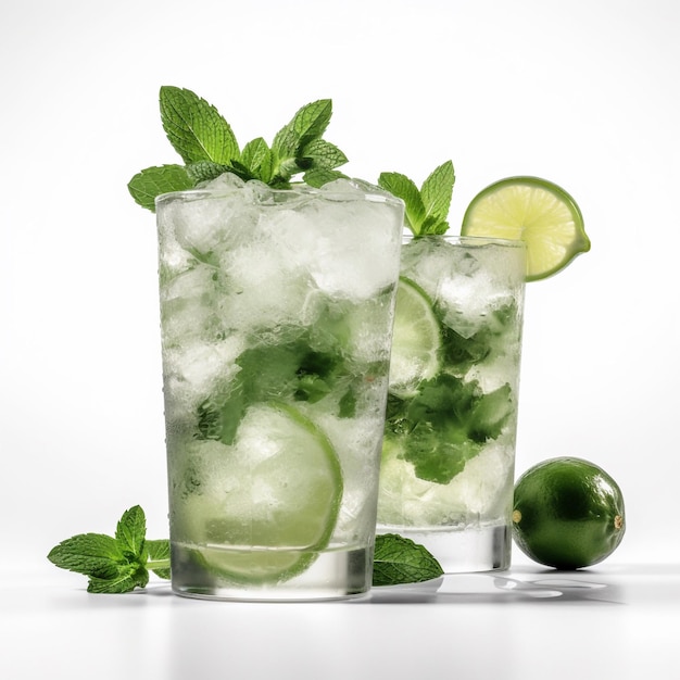 Twee glazen mojito met ijs en limoenen op een witte achtergrond.