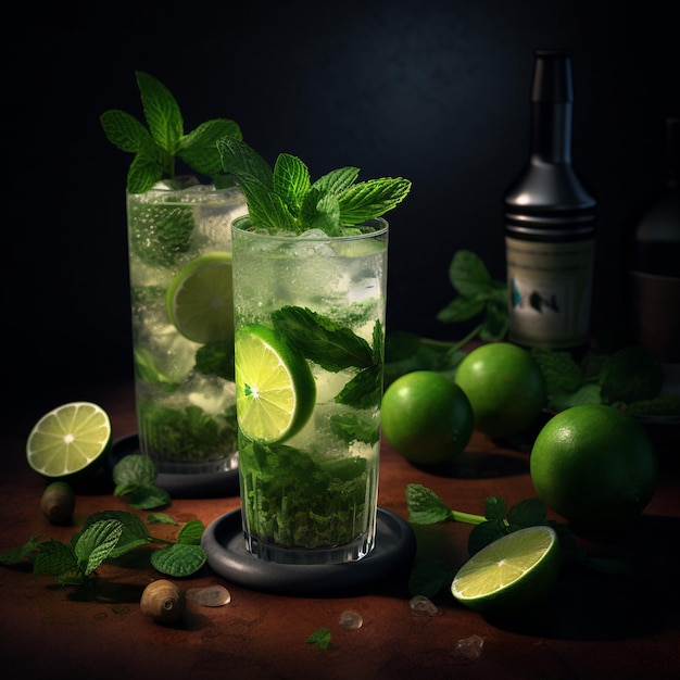 Twee glazen mojito met limoenen en limoenen op tafel.