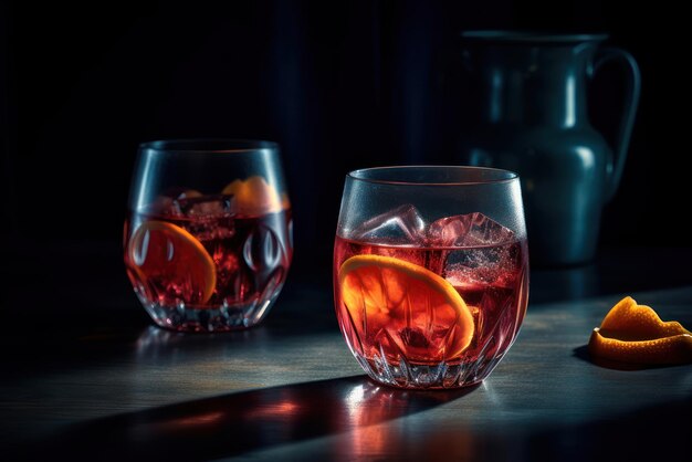 Twee glazen rode cocktails met oranje vloeistof en een zwarte emmer erbij.