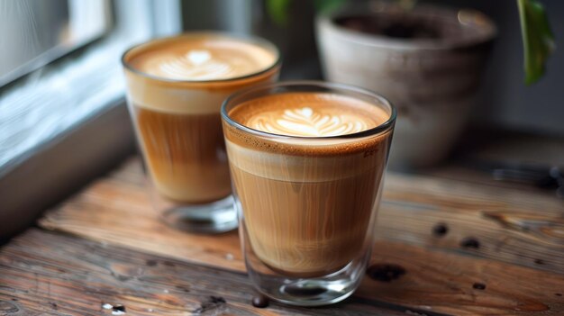 Twee glazen romige latte op een houten tafel bij het raam met natuurlijk licht en koffiebonen