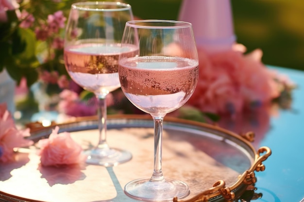 Twee glazen rose wijn op een tafel in een zomertuin