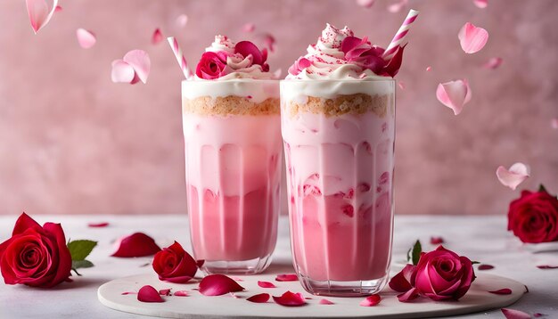 Twee glazen roze melk met bloemen en de woorden "liefde" erop.