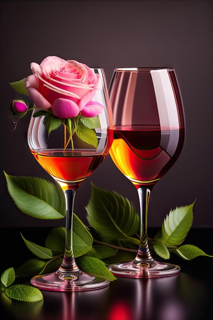 Twee glazen rozewijn, stil leven met wijn en bloemen.