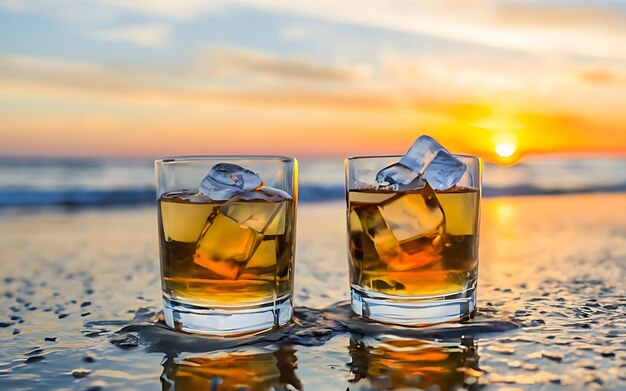 Twee glazen whisky met ijs op het strand bij zonsondergang ondiepe diepte van het veld