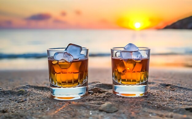 Twee glazen whisky met ijs op het strand bij zonsondergang ondiepe diepte van het veld