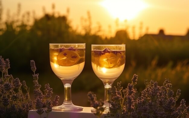 Twee glazen wijn zitten bij zonsondergang voor een lavendelveld.