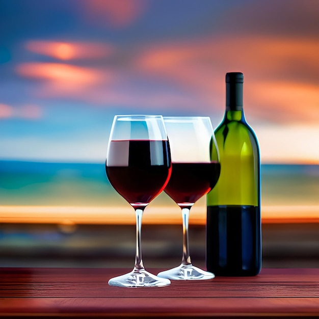 Twee glazen wijn zitten naast elkaar met een zonsondergang op de achtergrond Zomer
