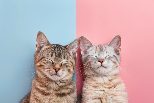 twee glimlachende katten met gesloten ogen op kleur achtergrond