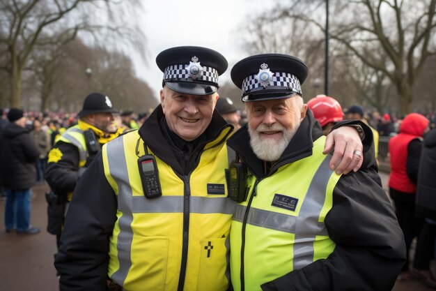 Twee glimlachende politieagenten in hivis jassen poseren voor een foto met badges en radio's een menigte op de achtergrond