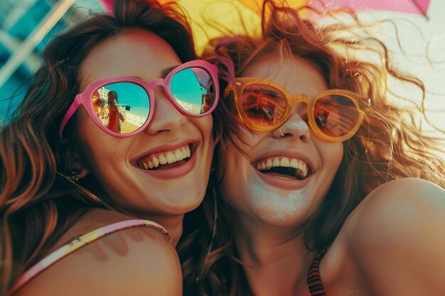 Twee glimlachende vrouwen met een zonnebril.