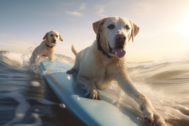 Twee golden labradores retriever surfer op een surfplank