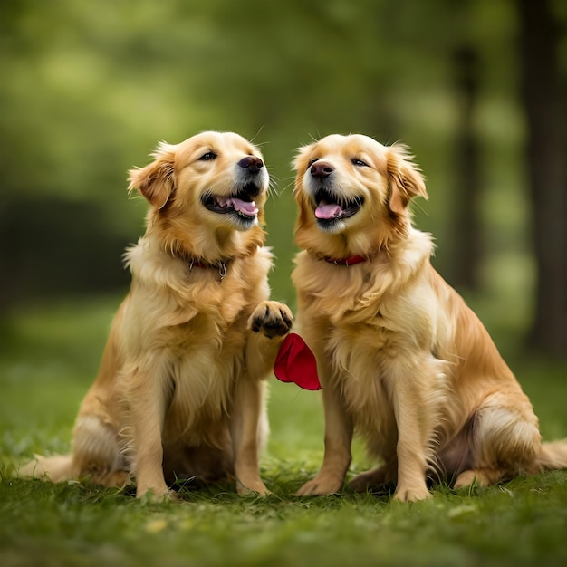 Foto twee golden retrievers zitten vreugdevol en hechten een aanhankelijke band tussen de honden