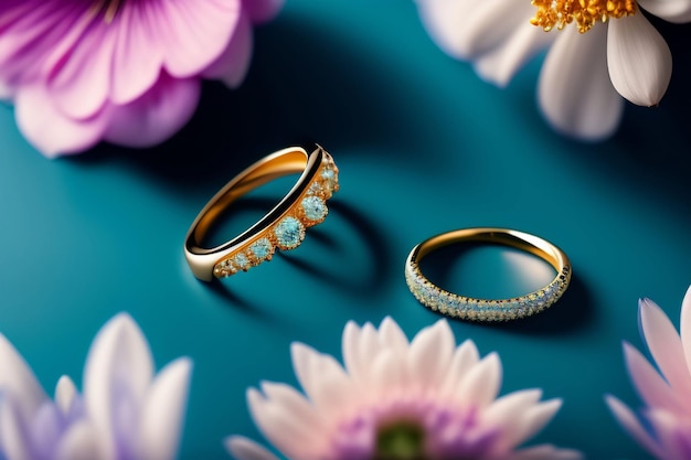 Twee gouden ringen met blauwe diamanten zitten op een blauwe achtergrond met bloemen.