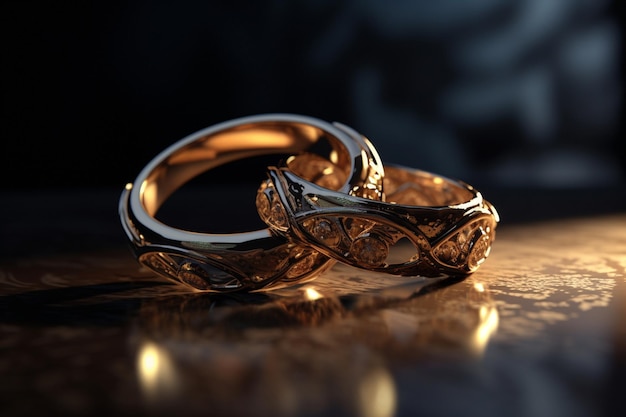 Foto twee gouden ringen op een tafel met een zwarte achtergrond
