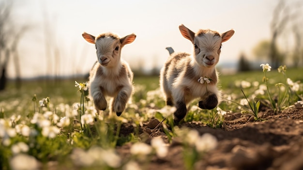 Twee grappige baby geiten spelen in het veld met bloemen AI Generative