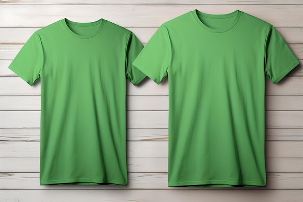 Twee groene t-shirt mockup sets op de houten achtergrond