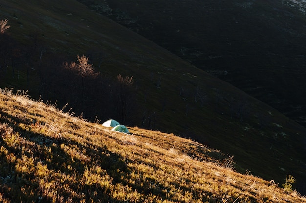 Foto twee groene vorst camping tent op zonlicht van bergen.