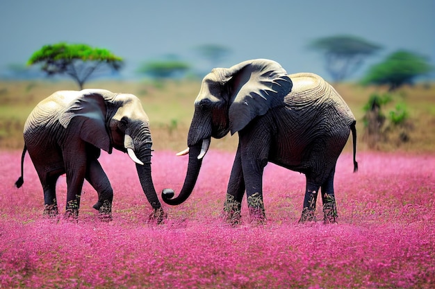 Twee grote olifanten met lange slurven staan in het water met roze bloemen op het oppervlak 3D illustratie