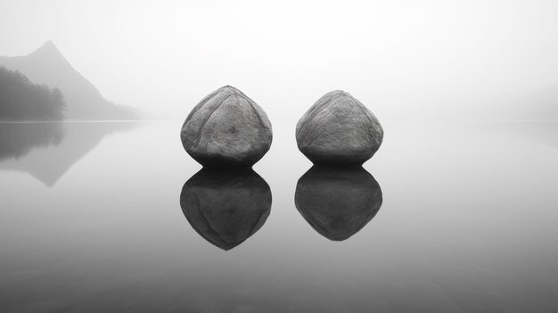 Twee grote rotsen zitten op een meer met een berg op de achtergrond.